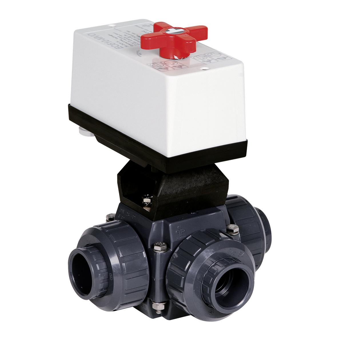 Praher 3-Wege-Kugelhahn L-Bohrung PVC-U 50 mm Klebemuffe 3bar DN40 230VAC Grau Typ L-Bohrung Seitlich