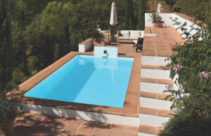 Bali Rechteckbecken Megaset Schwimmbecken Sunset-Super-Paket Römische Treppe Licht Gegenschwimmanlage