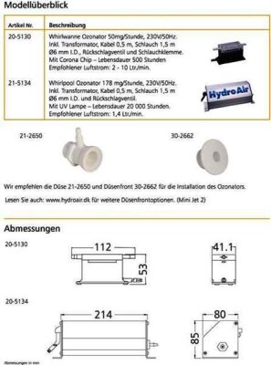 Balboa Whirlwannen Ozonator 50mg/h, inkl. Trafo und 1,5m Schlauch inkl. Rückschlagventil