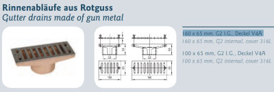 Rinnenablauf Rotguss 160 x 65 mm G2 I.G. Deckel V4A