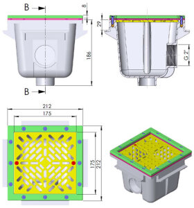 ABS Bodenablauf quadratisch 210x210mm incl. Gitter...