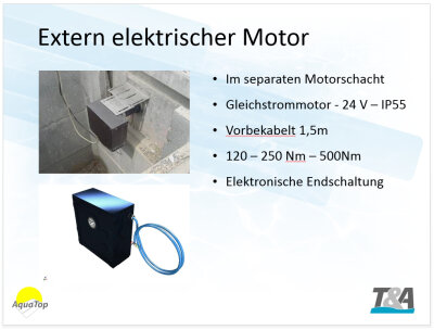 T&A  AquaTop Unterflur-Abdeckung Mechanik extern elektrischer Motor Schlüsselschalter Wanddurchführung