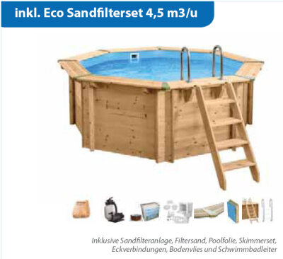 Interline Holzpool Bali 8-Eck 3,55 x 1,16 m inkl. Eco Sandfilterset 4,5 m3