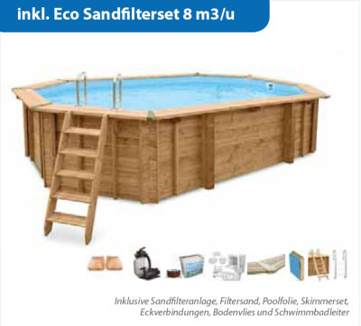 Interline Holzpool Bali 8-Eck Oval 6,40 x 4,00 m inkl. Eco Sandfilterset 8 m3