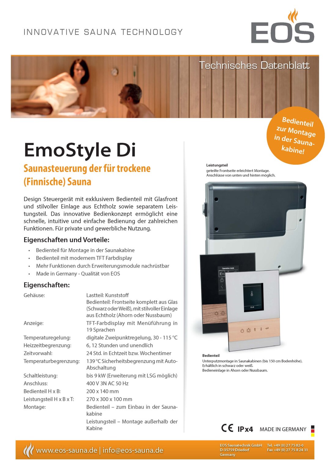 Eos EmoStyle D Saunasteuerung finnisch Glas weiss Luxusklasse für ihre Sauna 