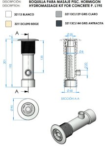 Hydromassagedüse-Kit für Betonbecken 195 mm Grau RAL7004
