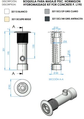 Hydromassagedüse-Kit für Betonbecken 195 mm Anthrazit RAL7016