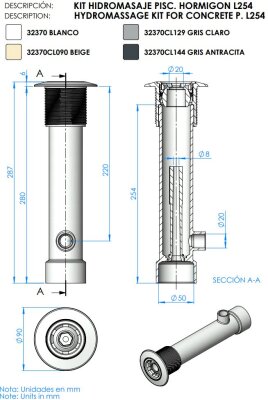 Hydromassagedüse-Kit für Betonbecken 280 mm Grau RAL7004
