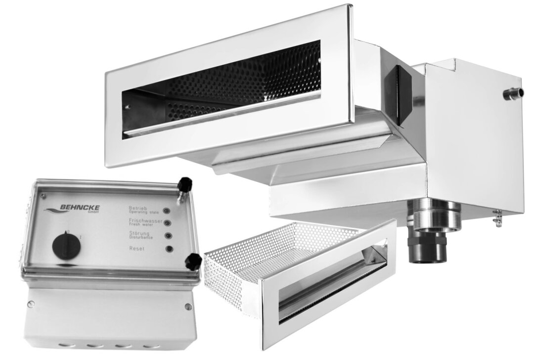 Behncke Komplettset Oberflächenabsauger Typ B 400 EVO Skimmer Edelstahl V4A mit Siebeinsatz und elektronischem Wasserstandsregler