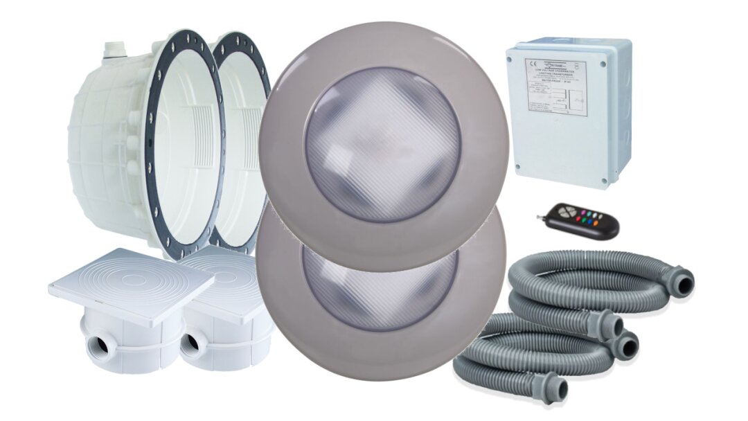 LED Lichtset Komplettset RGB Farblicht inkl. Fernbedienung Grau 2 Scheinwerfer (bis ca. 8m Länge)