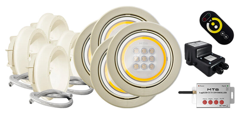 MTS Schwimmbadscheinwerfer Komplettset LogiLED inkl. Transformator Controller und Fernbedienung Folienbecken Cremeweiß 4x Scheinwerfer