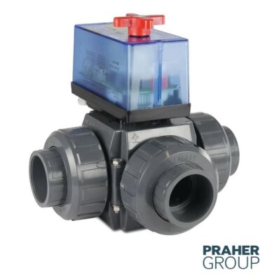 Praher 3-Wege-Kugelhahn L-Bohrung PVC-U 50 mm Klebemuffe 3bar DN40 230VAC Grau Typ L-Bohrung Seitlich