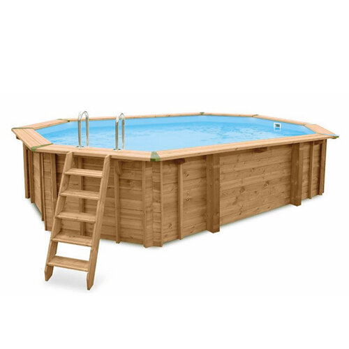 Interline Holzpool Bali nachhaltiges Familienschwimmbad aus Holz Achteck (Oval) 6,40 x 4 m - Tiefe 1,38 m Nur Pool