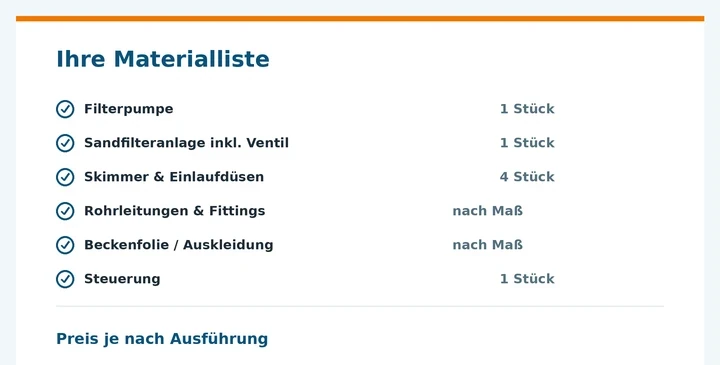Beispielhafte Materialliste mit Positionen wie Filterpumpe, Sandfilteranlage, Skimmer und Steuerung.