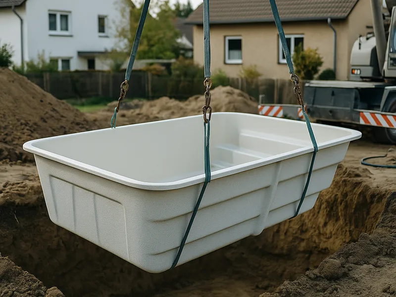 GFK-Einstückbecken, per Kran eingesetzt