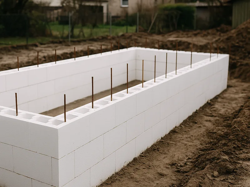 Styropor-Schalsteine, halb aufgesetzt, Bewehrung sichtbar