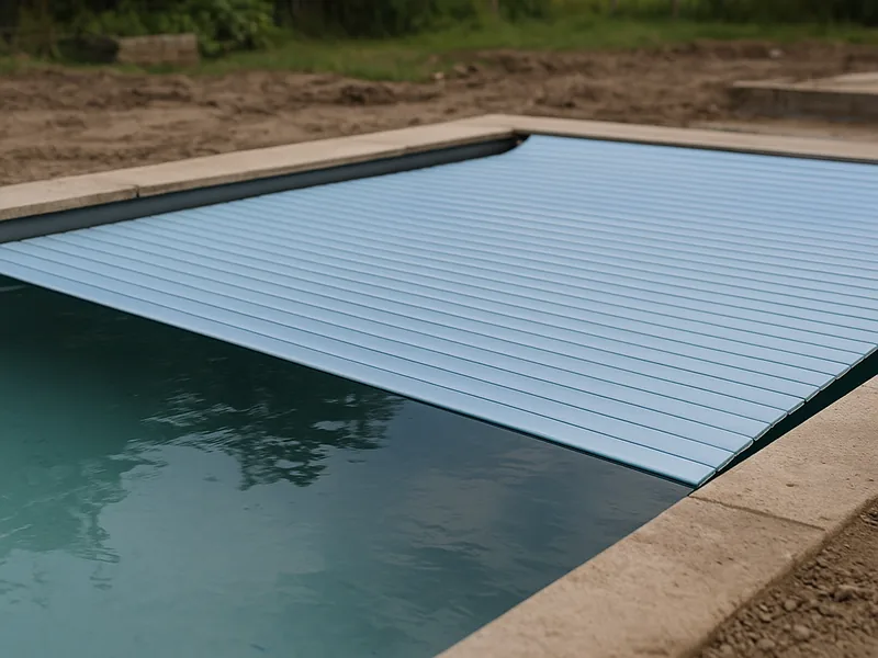 Pool mit halb aufgerolltem Lamellen-Rollladen am Beckenrand