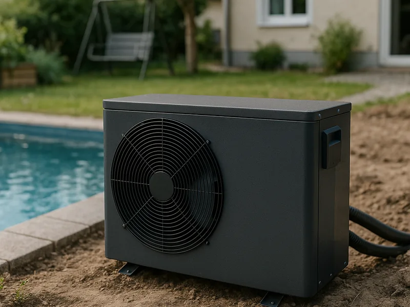 Inverter-Pool-Wärmepumpe vor Holzterrasse, Lüfter sichtbar