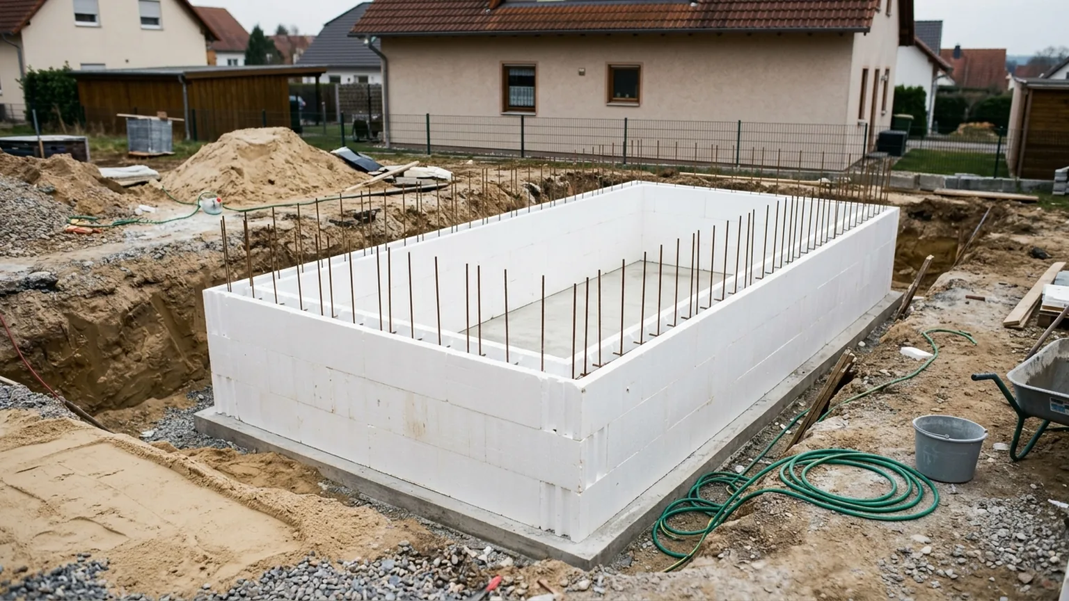 Baugrube mit Styropor-Schalsteinen halb aufgesetzt, Bewehrung sichtbar