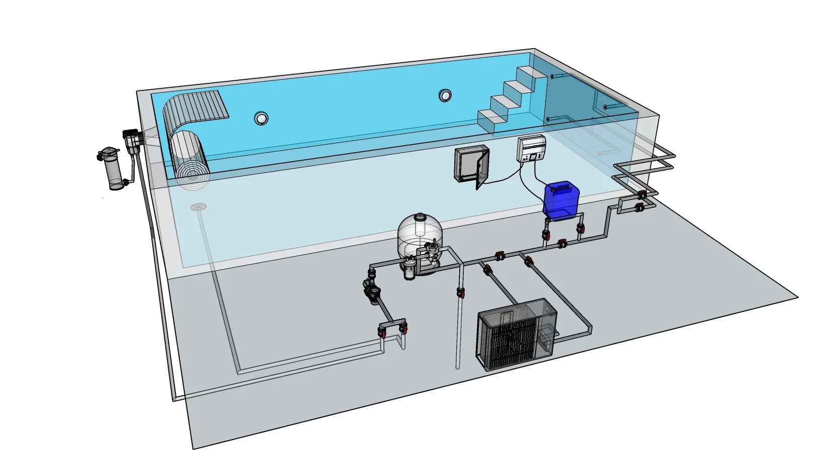 Schnittdarstellung 8 × 4 m Pool mit kompletter Verrohrung und Technik