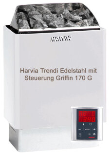 Harvia Saunaofen 4,5 - 9,0 kW (je nach Saunagröße angepasst) Trendi E mit Steuerung  Griffin CG170 Edelstahl inkl. Steine