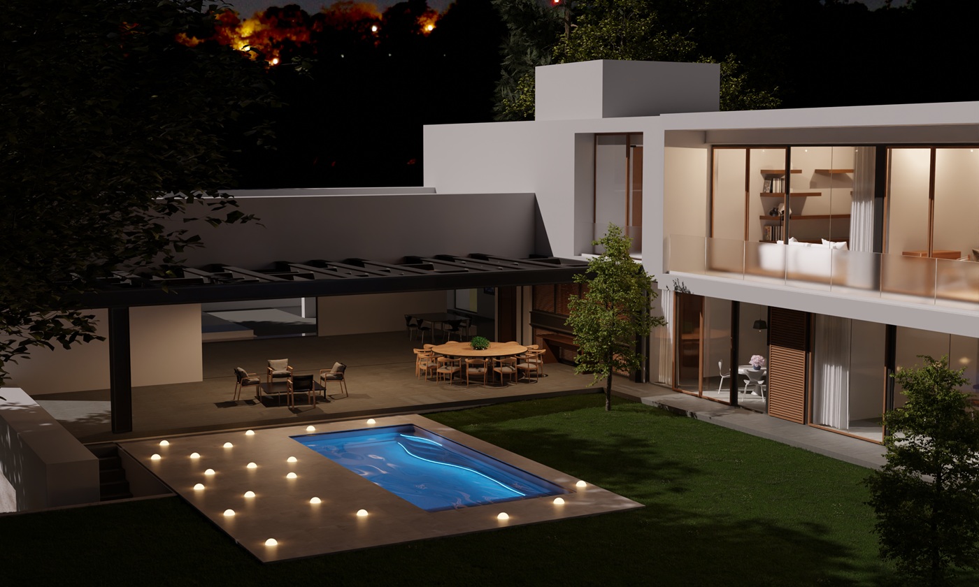 Graphen Einbaupool mit integrierter LED-Beleuchtung bei Nacht – WaterRows Designerpool im luxuriösen Außenbereich