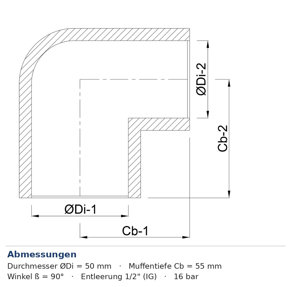 Masszeichnung PVC Winkel 90 Grad mit Entleerung Ø 50 mm