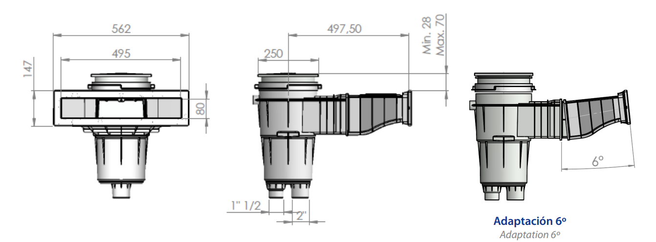 Maßzeichnung des Astral ABS Slim Skimmers 17,5 l mit Einbaumaßen und Öffnung 495 x 80 mm