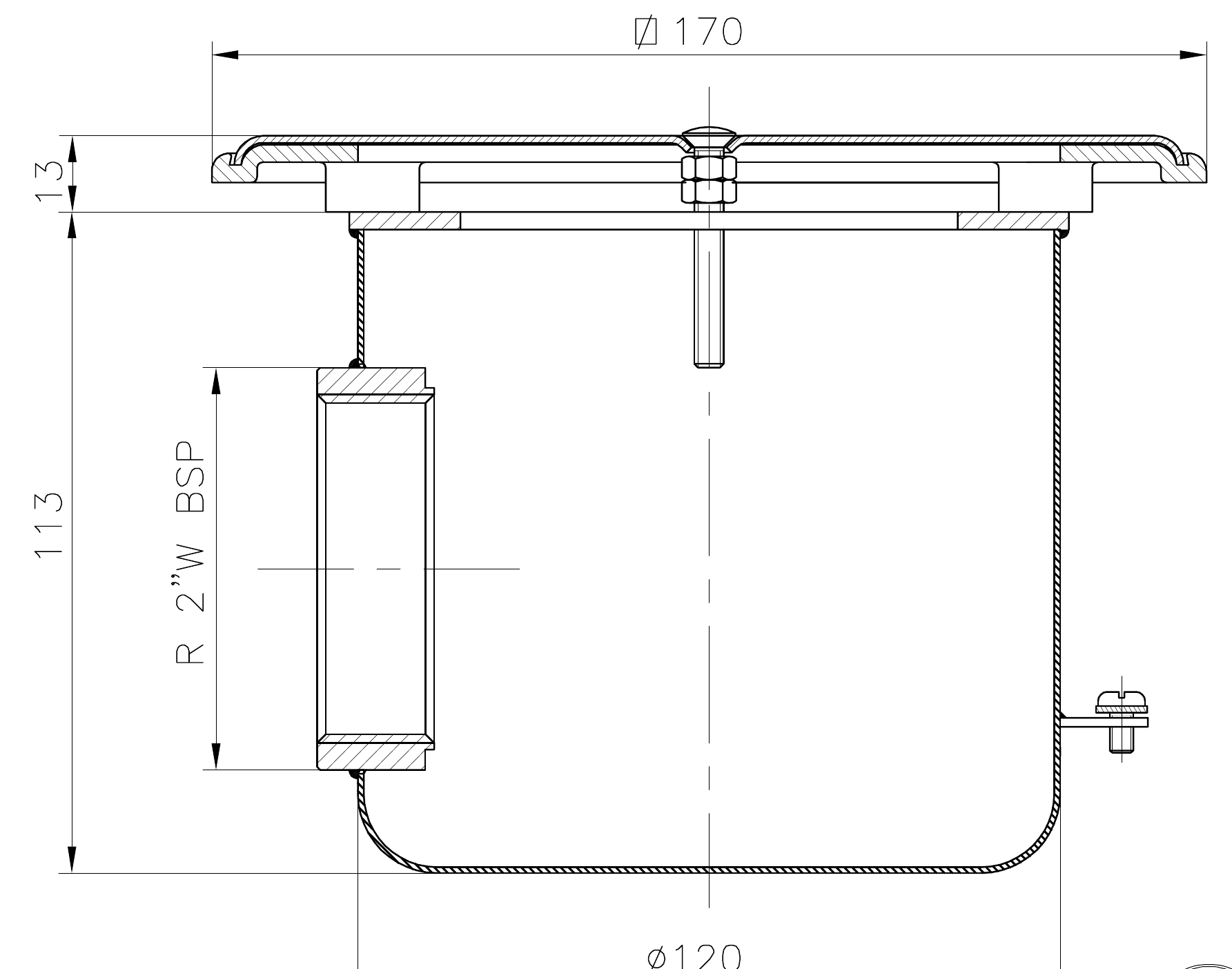 Ma&szlig;zeichnung des AstralPool Bodenablaufs mit quadratischer Abdeckung 170 mm und Bauh&ouml;he 113 mm