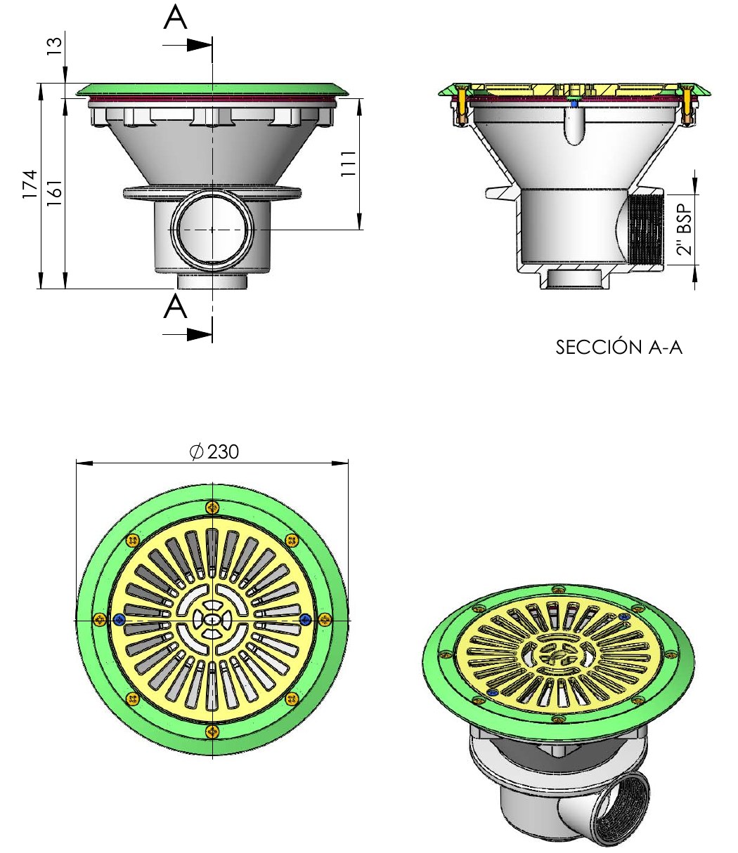 Ma&szlig;zeichnung des AstralPool Bodenablaufs mit Blende &Oslash; 230 mm und Gesamth&ouml;he 174 mm