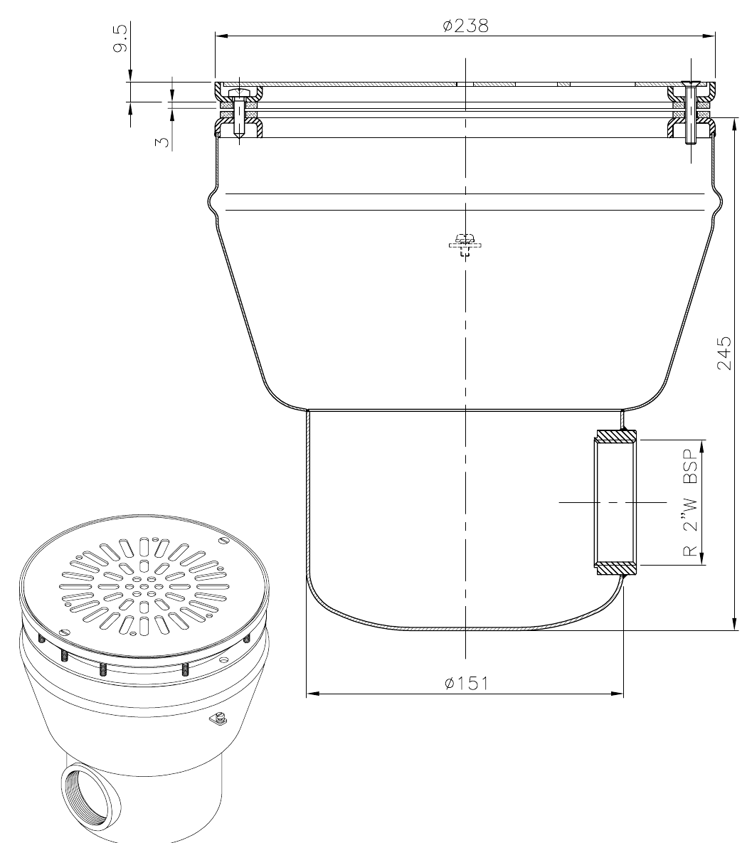Ma&szlig;zeichnung des AstralPool Edelstahl-Bodenablaufs mit Blende &Oslash; 238 mm und Einbautiefe 245 mm