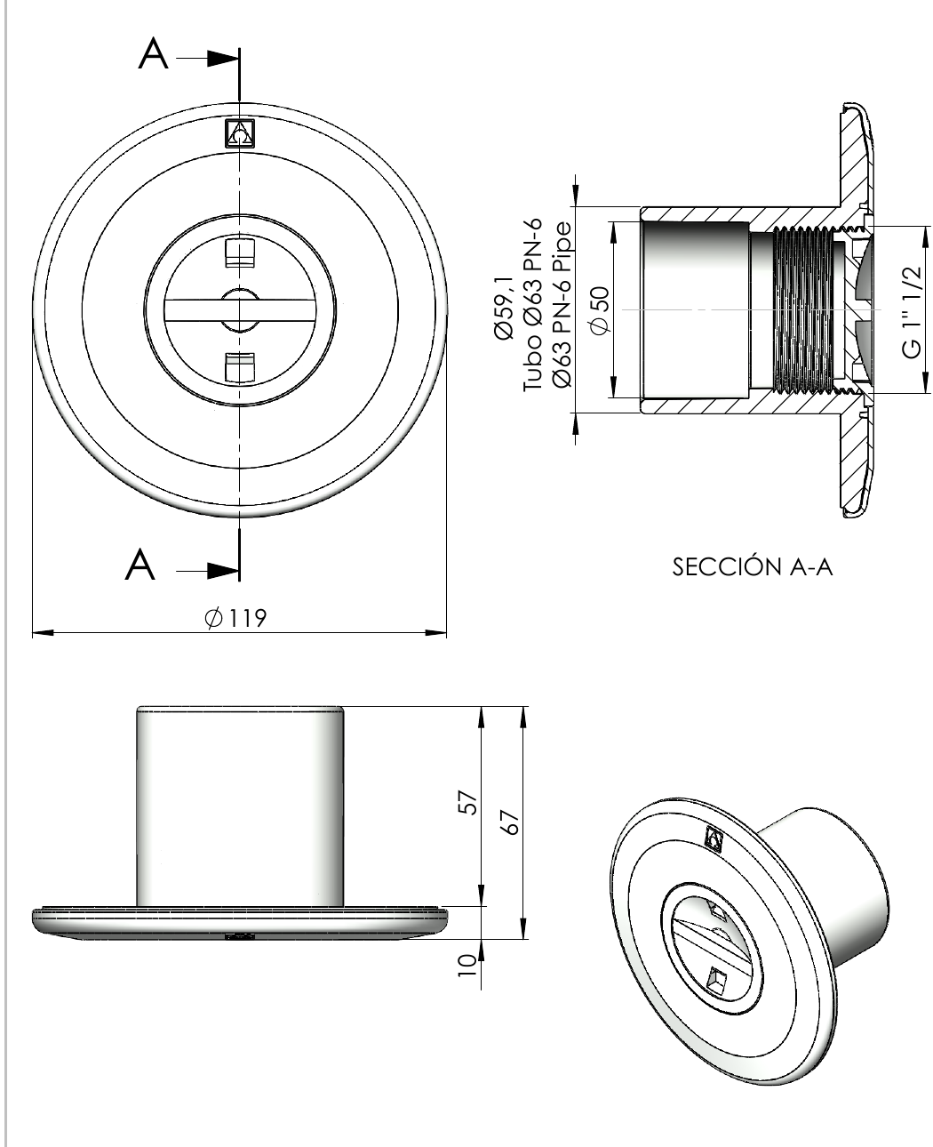 Ma&szlig;zeichnung des AstralPool Sauganschlusses mit Blende &Oslash; 119 mm und Klebeanschluss &Oslash; 63 mm