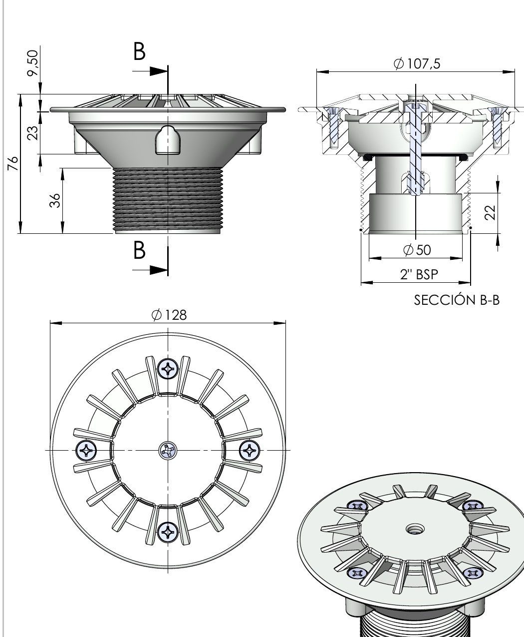 Ma&szlig;zeichnung der AstralPool Bodeneinlaufd&uuml;se f&uuml;r Betonbecken mit Blende 128 mm