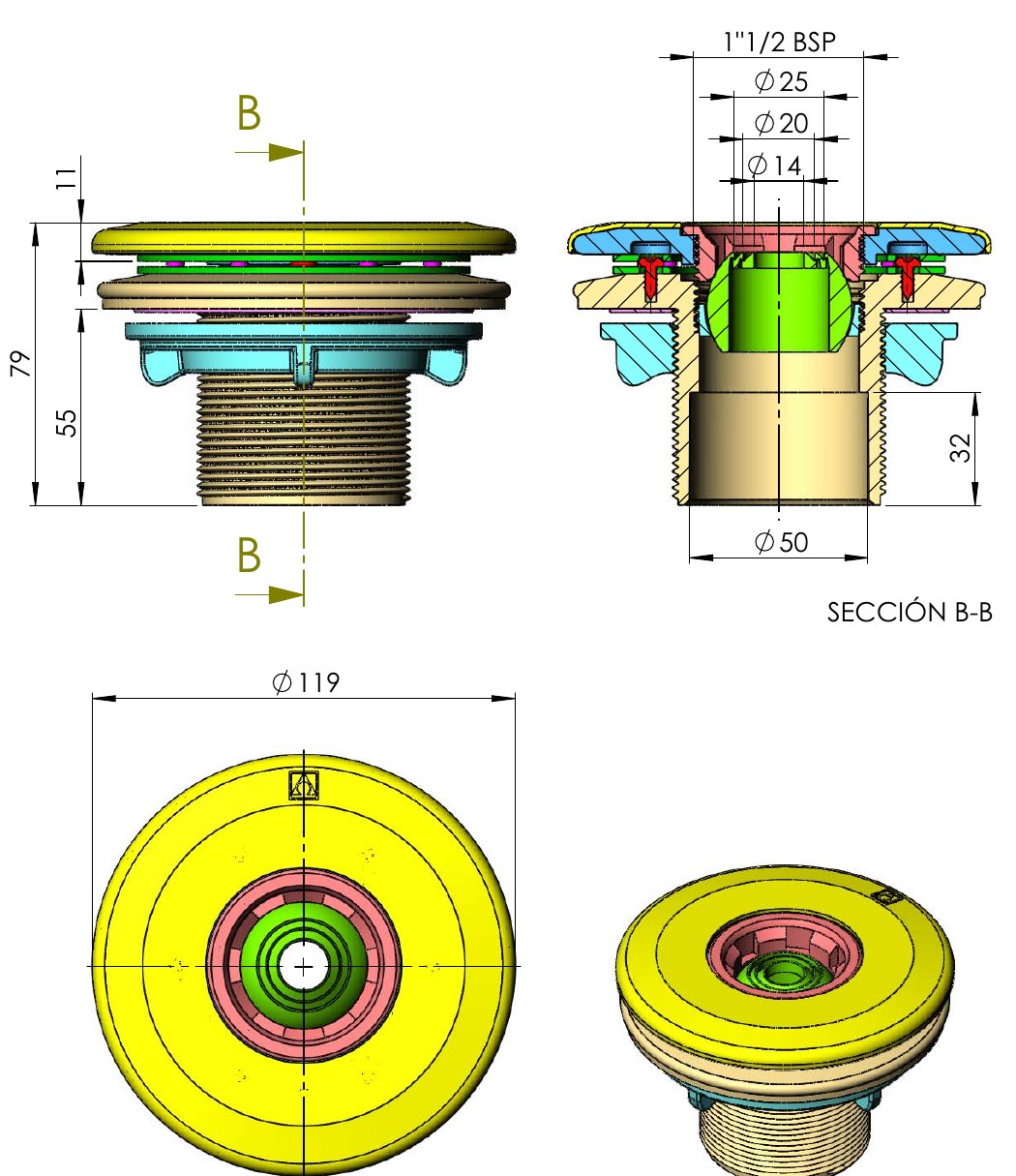 Ma&szlig;zeichnung der AstralPool Einlaufd&uuml;se Multiflow mit Blendendurchmesser 119 mm und Bauh&ouml;he 79 mm