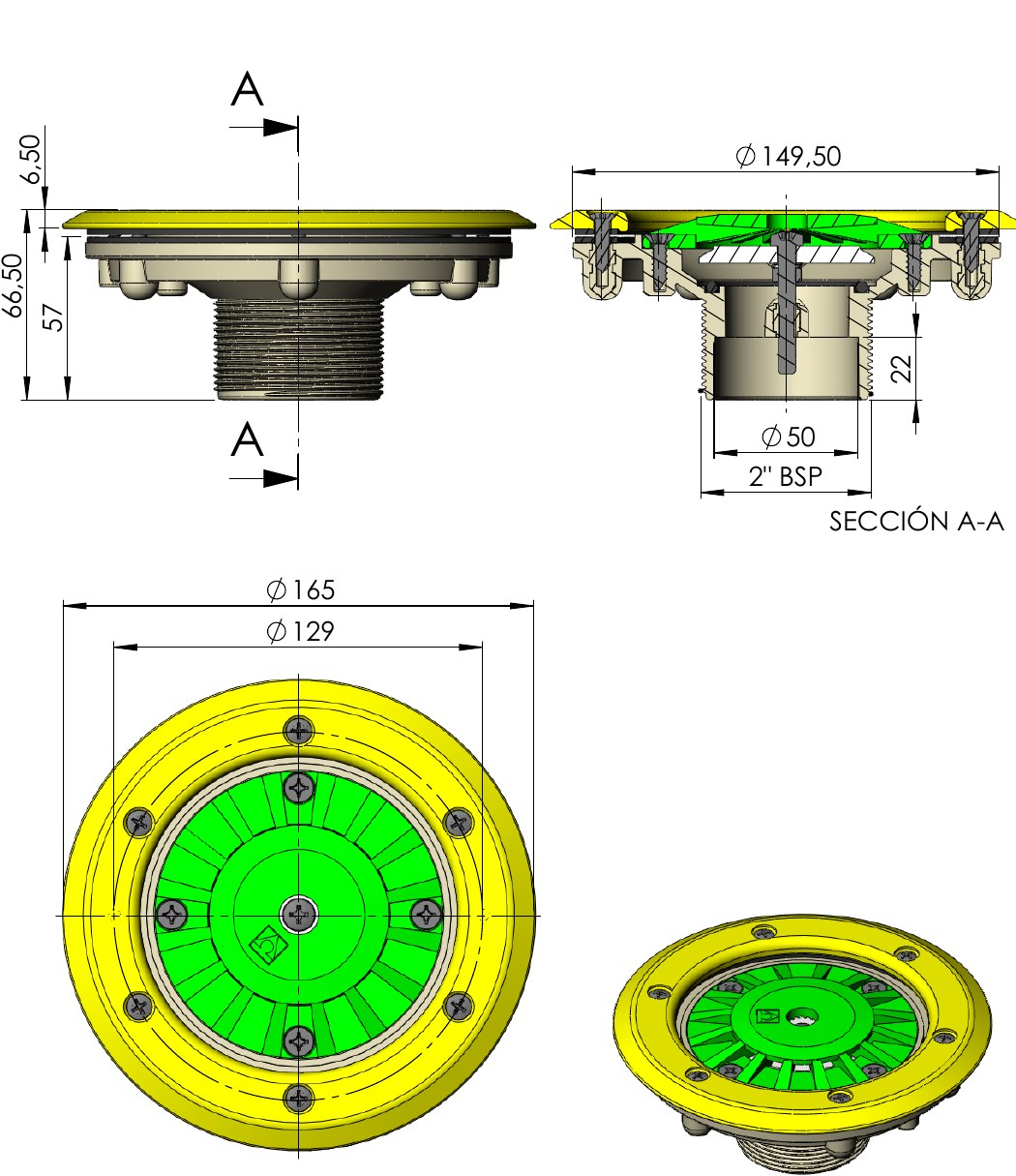 Ma&szlig;zeichnung der AstralPool Bodeneinlaufd&uuml;se mit Blende &Oslash; 165 mm und 2 Zoll Au&szlig;engewinde