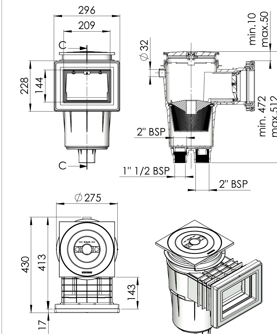Ma&szlig;zeichnung des AstralPool Skimmers 17,5 l mit Frontplatte 296 &times; 228 mm