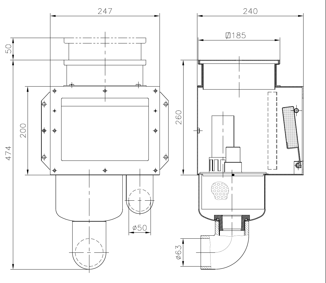 Ma&szlig;zeichnung des AstralPool Edelstahl-Skimmers A-200 mit Einbautiefe 240 mm