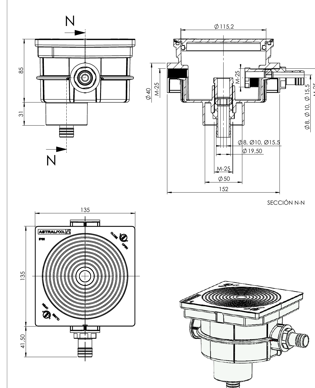 Masszeichnung Astral Kabelanschlussdose Standard ABS Sand f&uuml;r Poolscheinwerfer mit allen Abmessungen in Millimeter