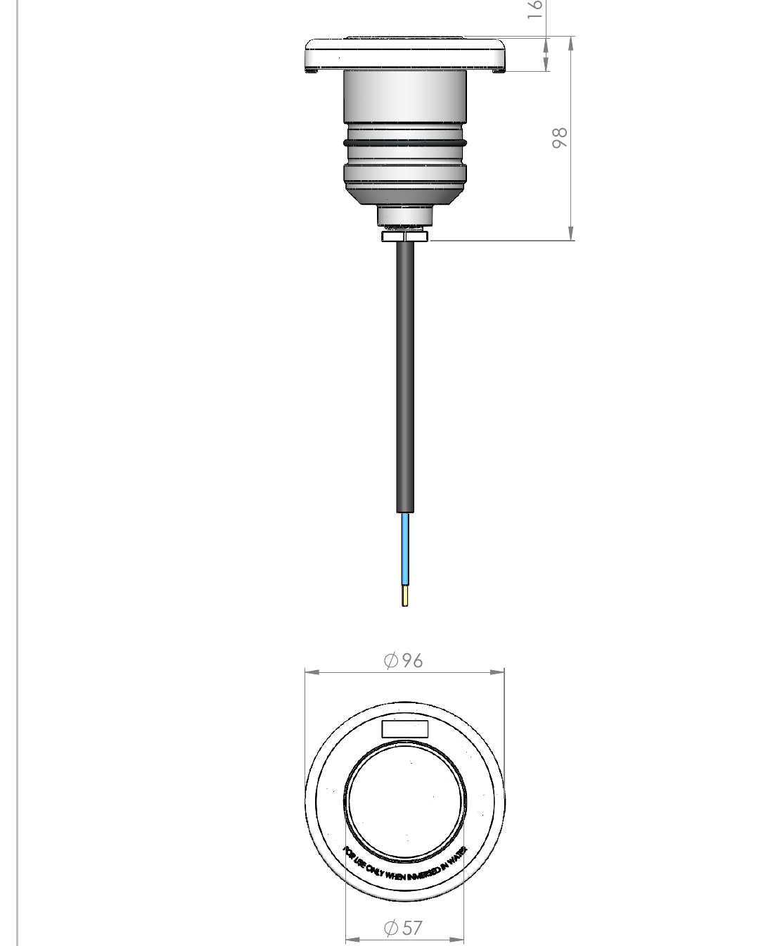 Masszeichnung Astral LumiPlus Essential Mini LED-Scheinwerfer wei&szlig; f&uuml;r Wanddurchf&uuml;hrung mit allen Abmessungen in Millimeter