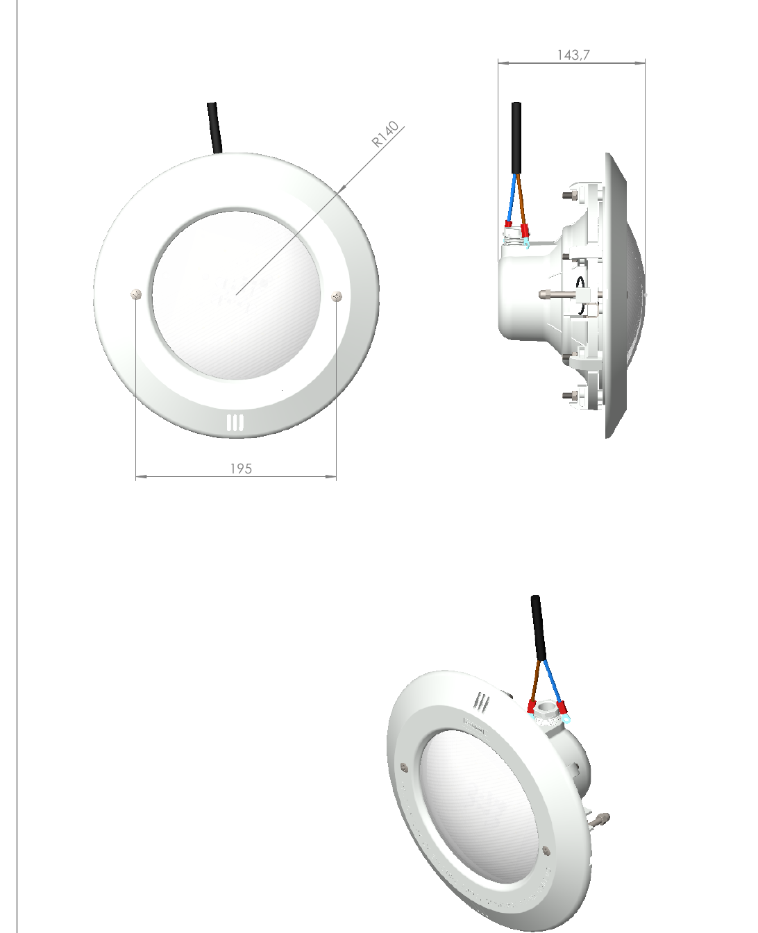 Masszeichnung Astral LumiPlus Essential PAR56 LED-Scheinwerfer wei&szlig; mit Blende Sand mit allen Abmessungen in Millimeter